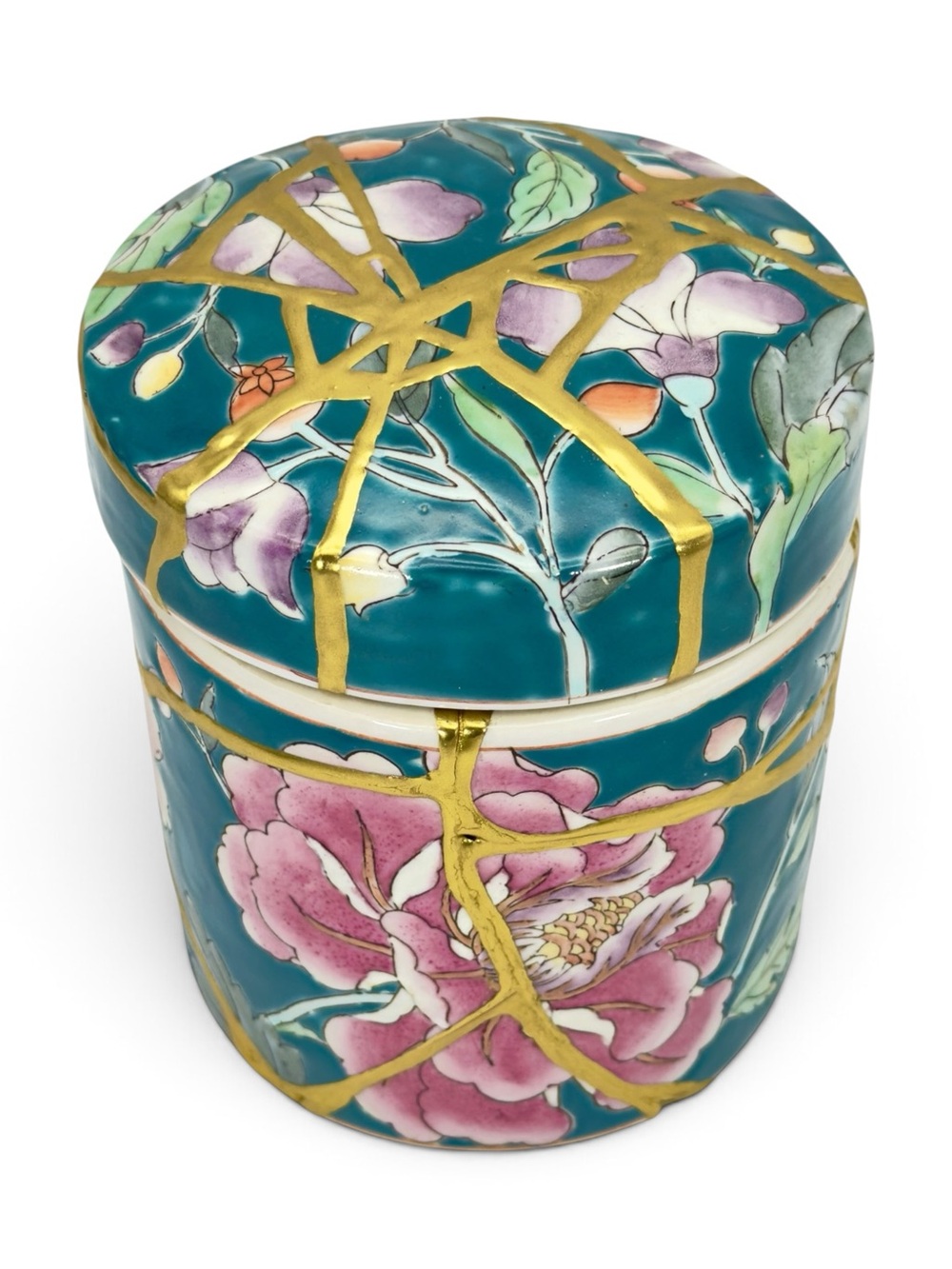 Kintsugi Canister Chinese Floral Porcelain Teal Stash Pot Gold Crack Growth Gift